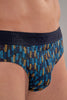 Close-up view of a men model wearing HO blue print modal/viscose/tencel Briefs HO1