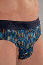 Close-up view of a men model wearing HO blue print modal/viscose/tencel Briefs HO1