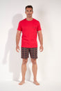 Full-body view of a men model wearing HO red print cotton Short Sleepwear
