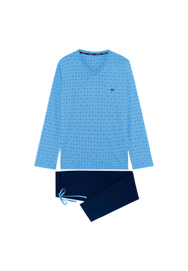 Front cutout view of HO blue print cotton Long Sleepwear