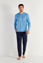 Full-body view of a men model wearing HO blue print cotton Long Sleepwear