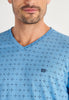 Close-up view of a men model wearing HO blue print cotton Long Sleepwear