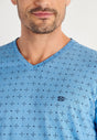 Close-up view of a men model wearing HO blue print cotton Long Sleepwear