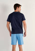 Back view of a men model wearing HO blue print cotton Short Sleepwear