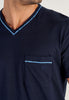 Close-up view of a men model wearing HO blue print cotton Short Sleepwear