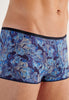 Close-up view of a men model wearing HO blue print  Trunk