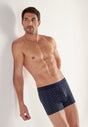 Front view of a men model wearing HO navy print modal/viscose/tencel Comfort Boxer Briefs