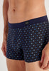 Close-up view of a men model wearing HO navy print modal/viscose/tencel Comfort Boxer Briefs