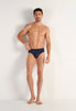 Full-body view of a men model wearing HO navy print modal/viscose/tencel Comfort Briefs