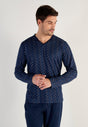 Front view of a men model wearing HO navy print cotton Long Sleepwear