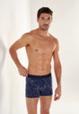 Front view of a men model wearing HO navy print modal/viscose/tencel Boxer Briefs