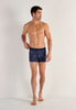 Full-body view of a men model wearing HO navy print modal/viscose/tencel Boxer Briefs
