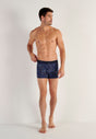 Full-body view of a men model wearing HO navy print modal/viscose/tencel Boxer Briefs