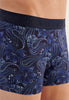 Close-up view of a men model wearing HO navy print modal/viscose/tencel Boxer Briefs