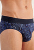 Close-up view of a men model wearing HO navy print modal/viscose/tencel Mini Briefs