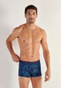 Front view of a men model wearing HO blue print  Boxer Briefs