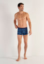 Full-body view of a men model wearing HO blue print  Boxer Briefs