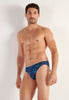 Front view of a men model wearing HO blue print  Comfort Micro Briefs