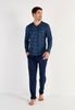 Full-body view of a men model wearing HO blue print cotton Long Sleepwear