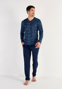 Full-body view of a men model wearing HO blue print cotton Long Sleepwear