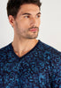 Close-up view of a men model wearing HO blue print cotton Long Sleepwear