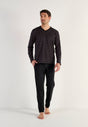 Full-body view of a men model wearing HO black print cotton Long Sleepwear