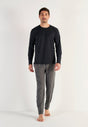 Full-body view of a men model wearing HO black print cotton Long Sleepwear