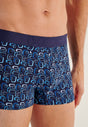 Close-up view of a men model wearing HO blue print  Boxer Briefs HO1