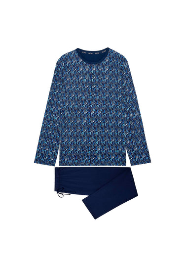 Front cutout view of HO blue print cotton Long Sleepwear