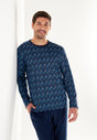 Front view of a men model wearing HO blue print cotton Long Sleepwear