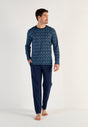 Full-body view of a men model wearing HO blue print cotton Long Sleepwear