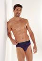 Front view of a men model wearing HO navy print modal/viscose/tencel Briefs HO1