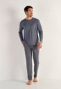 Full-body view of a men model wearing HO grey print cotton Long Sleepwear