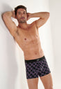 Front view of a men model wearing HO black print modal/viscose/tencel Boxer Briefs