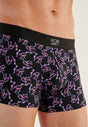 Close-up view of a men model wearing HO black print modal/viscose/tencel Boxer Briefs
