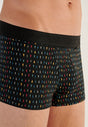 Close-up view of a men model wearing HO black print modal/viscose/tencel Boxer Briefs HO1