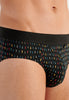 Close-up view of a men model wearing HO black print modal/viscose/tencel Briefs HO1