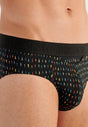 Close-up view of a men model wearing HO black print modal/viscose/tencel Briefs HO1