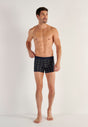 Full-body view of a men model wearing HO navy check modal/viscose/tencel Boxer Briefs