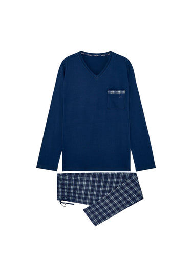 Front cutout view of HO navy check cotton Long Sleepwear