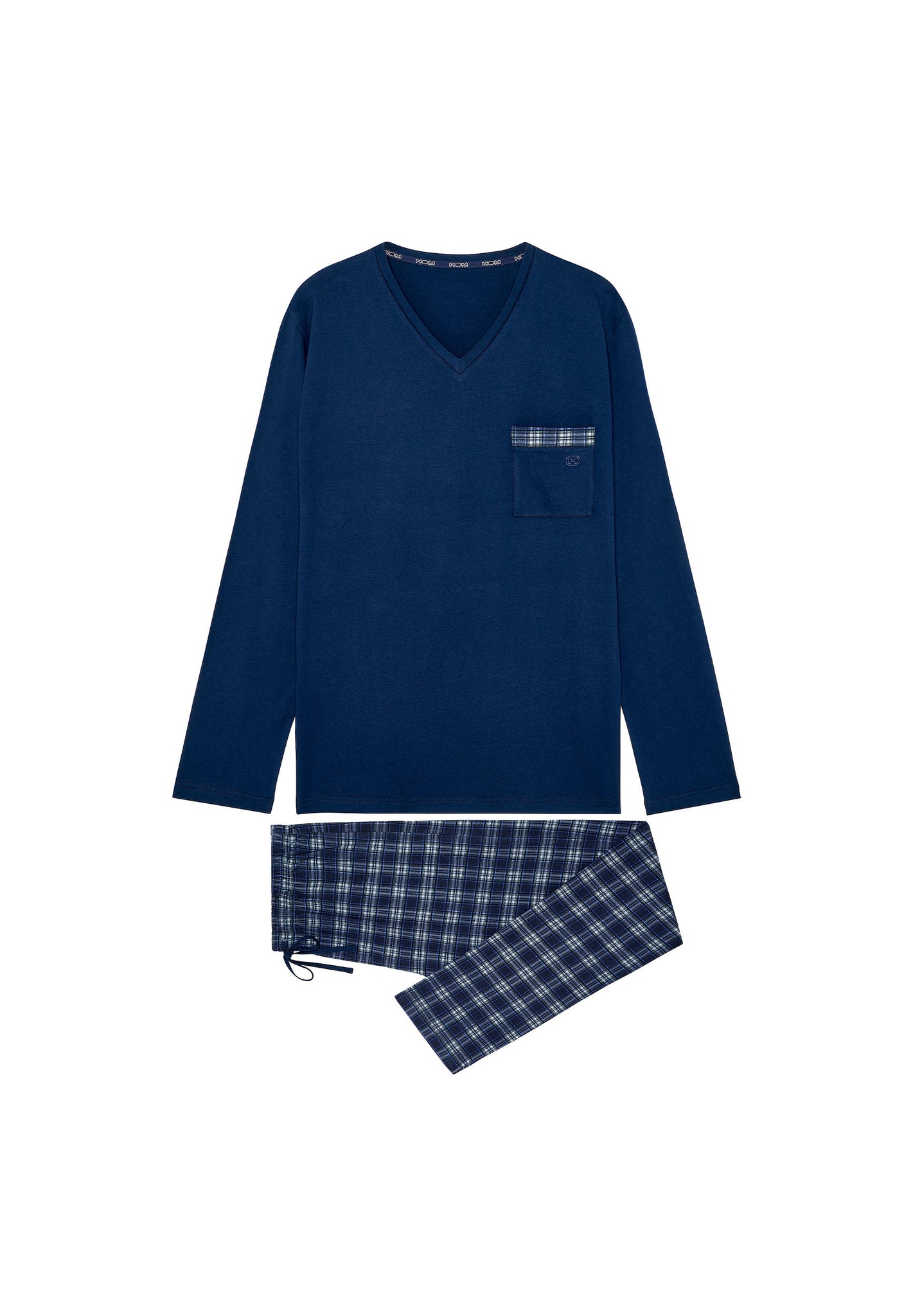 Front cutout view of HO navy check cotton Long Sleepwear