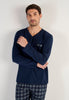 Front view of a men model wearing HO navy check cotton Long Sleepwear