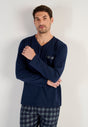 Front view of a men model wearing HO navy check cotton Long Sleepwear