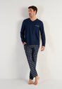 Full-body view of a men model wearing HO navy check cotton Long Sleepwear