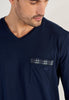 Close-up view of a men model wearing HO navy check cotton Long Sleepwear