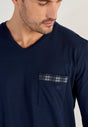 Close-up view of a men model wearing HO navy check cotton Long Sleepwear