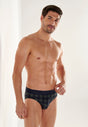 Front view of a men model wearing HO navy check modal/viscose/tencel Mini Briefs