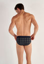 Back view of a men model wearing HO navy check modal/viscose/tencel Mini Briefs