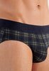 Close-up view of a men model wearing HO navy check modal/viscose/tencel Mini Briefs