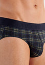 Close-up view of a men model wearing HO navy check modal/viscose/tencel Mini Briefs